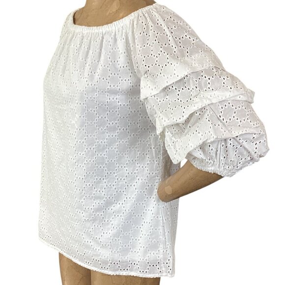 Cece White Eyelet Ruched Sleeve BOHO Top Sz M #317F - Picture 4 of 7